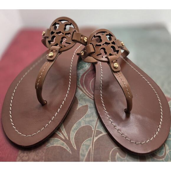 Tory Burch Mini Miller Sandal Size 7 M Brown Leather - Picture 1 of 6